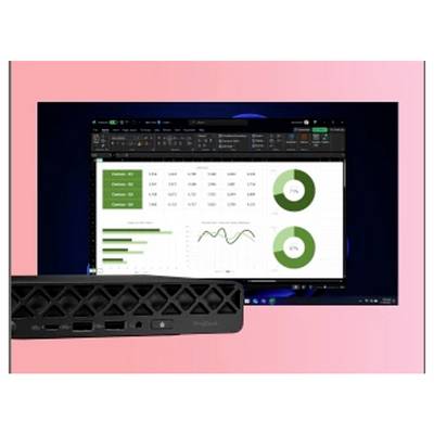 Een computerscherm toont een spreadsheet met grafieken die percentages en gegevenstrends weergeven. Een draadloze router bevindt zich op de voorgrond.