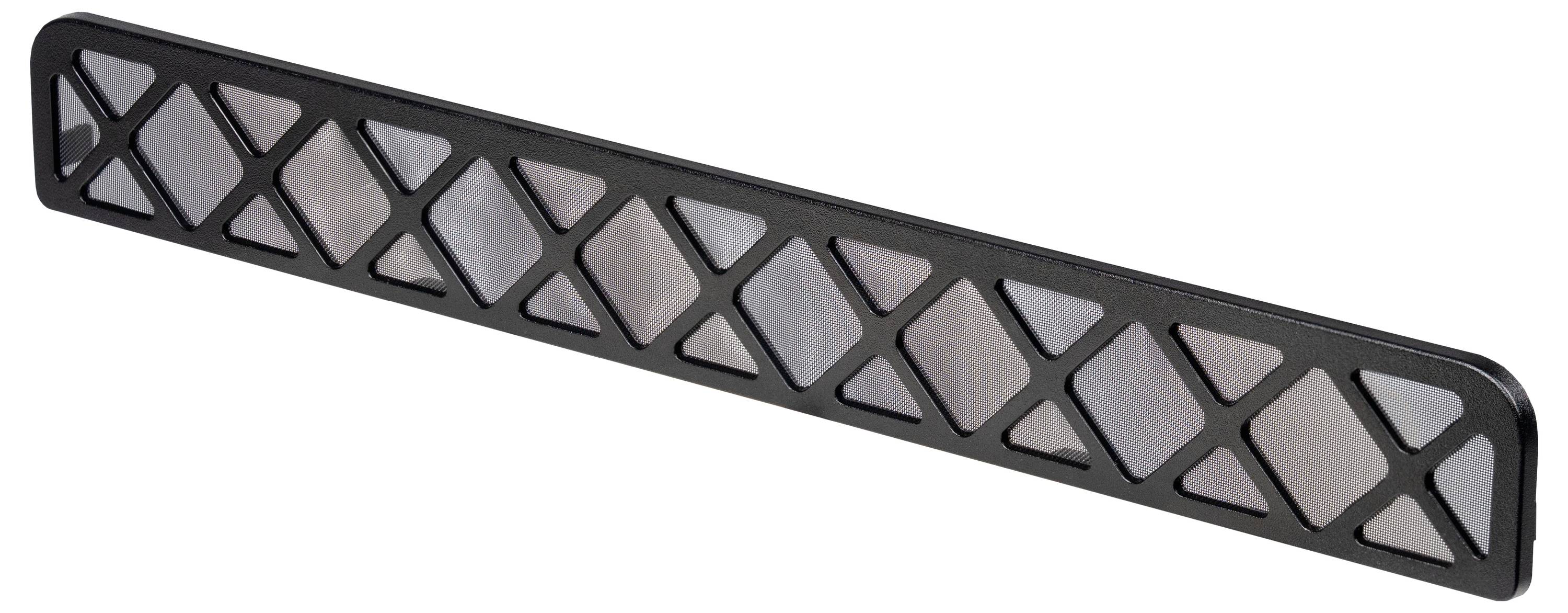 Een zwarte kunststof ventilatierooster met een rechthoekige vorm en een X-patroon aan de binnenkant, mogelijk gebruikt voor luchtcirculatie of als decoratief element.