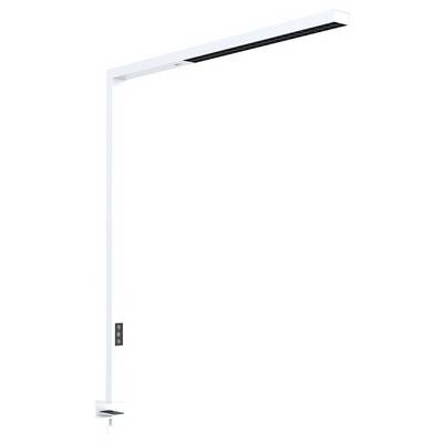 Staande LED-lamp in modern design met rechthoekige kop, witte rand en smalle voet. Geschikt voor bureaus.
