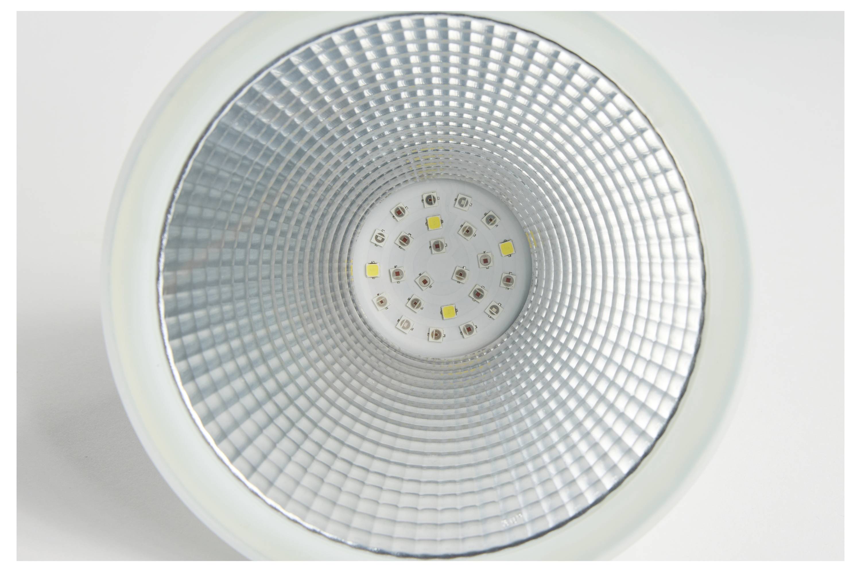LED-lamp met reflecterend binnenoppervlak, negen zichtbare LED-lichtpunten in cirkelvorm gerangschikt.