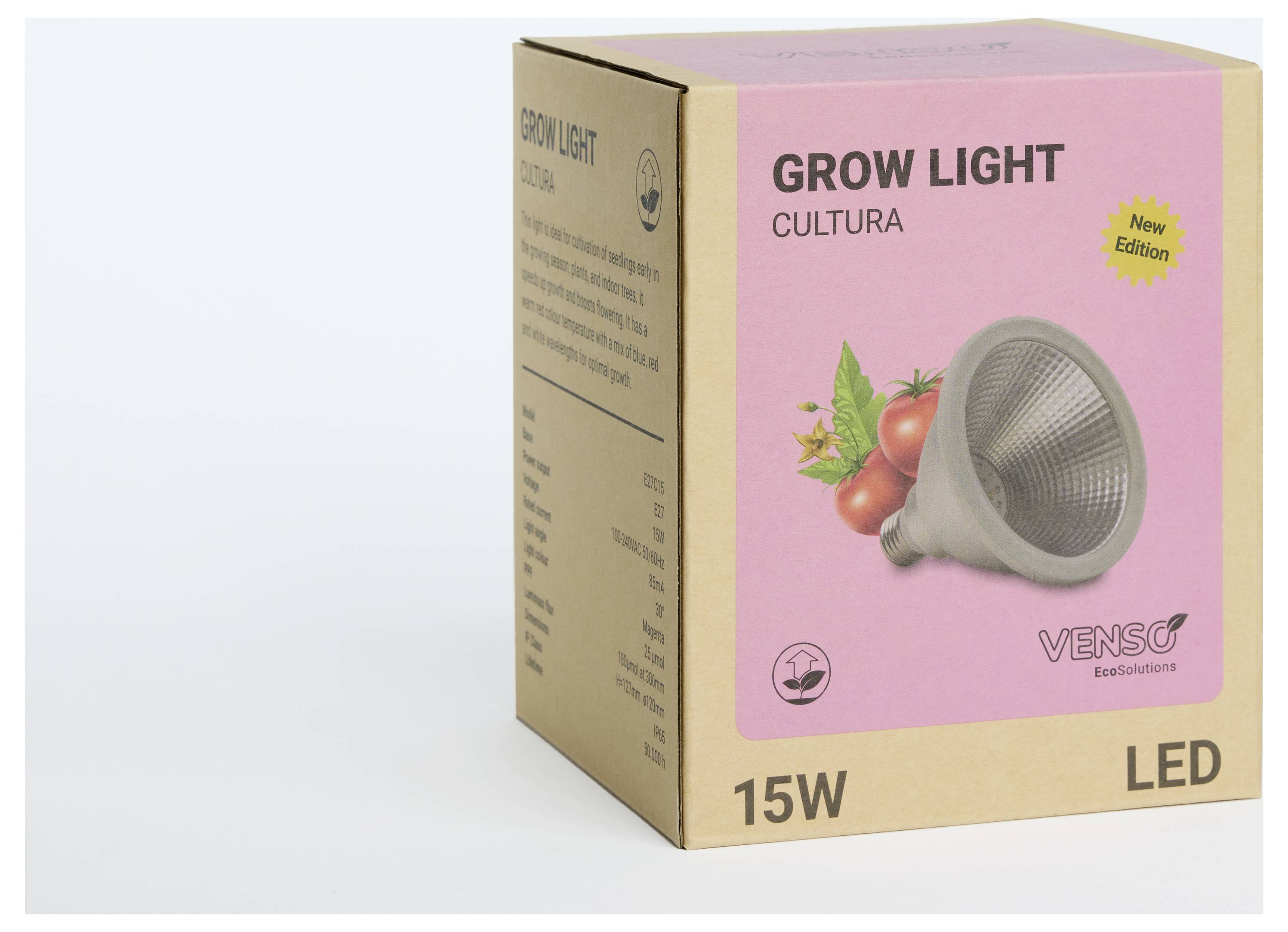LED-plantenverlichting 'Grow Light Cultura' van Venso, 15W, in roze verpakking met tomatenafbeelding, geadverteerd als 'New Edition'.