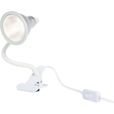 Witte bureaulamp met buigzame arm en klemvoet. De lamp is ingeschakeld, er zit een schakelaar aan het snoer.
