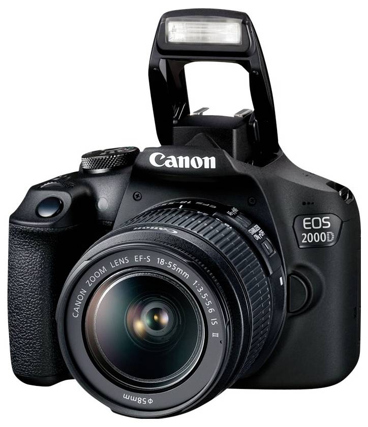 Digitale camera met Canon-logo, model EOS 2000D. Deze heeft een zoom-objectiefopzetstuk en een ingebouwde flitser.