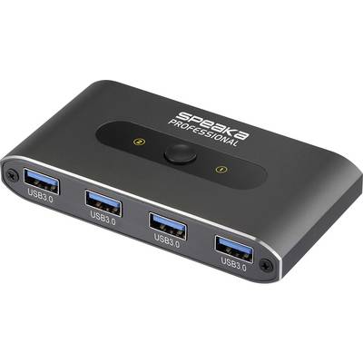 Vier-poorts USB 3.0 hub met strak zwart design en enkele knop aan de bovenkant, gelabeld als 'Speaka Professional.'