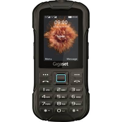 Een robuuste mobiele telefoon met een numeriek toetsenblok en een klein scherm met 'Gigaset,' datum '2024-08-08 Mon,' en tijd '09:00'.