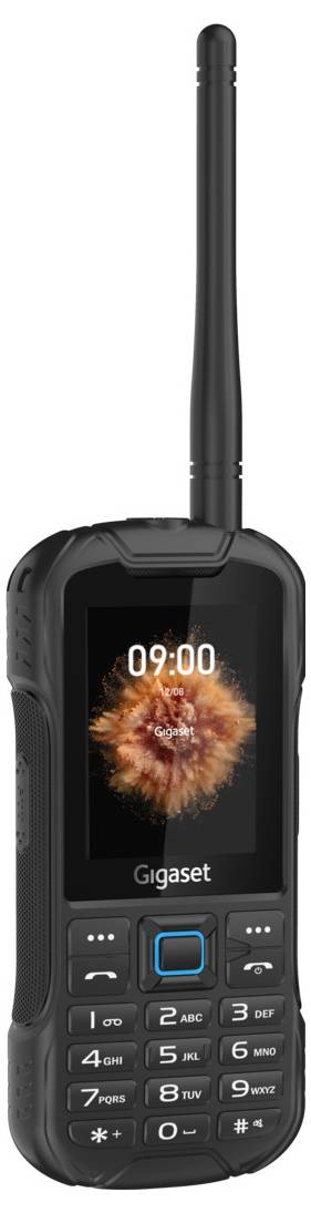 Robuuste mobiele telefoon met antenne, zwarte behuizing en zichtbaar scherm. Tijd 09:00, merknaam 'Gigaset' onderaan.