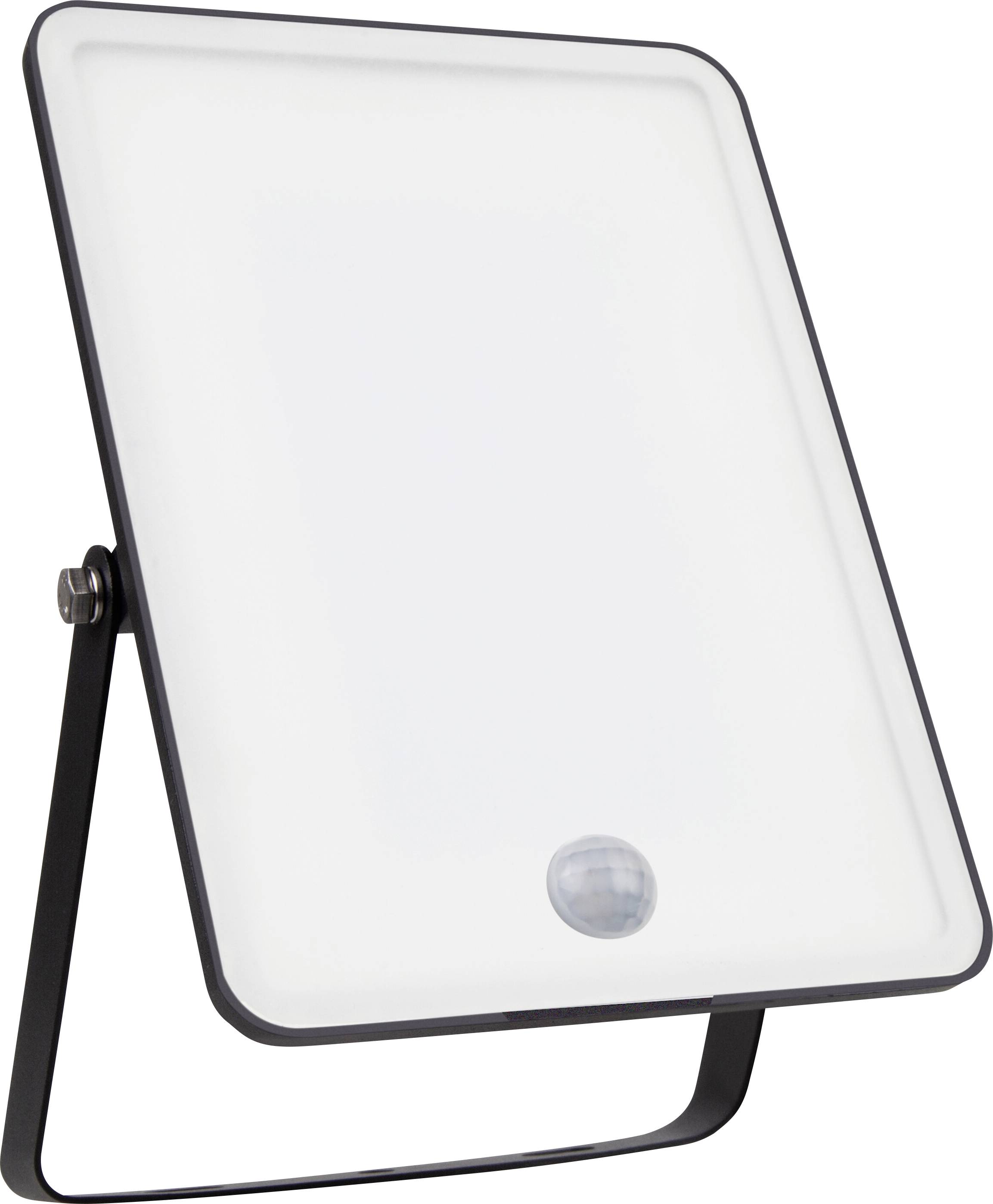 Platte, rechthoekige LED-lamp met zwart frame en standvoet, geschikt voor tafel- of wandmontage, met bewegingsmelder onderaan.