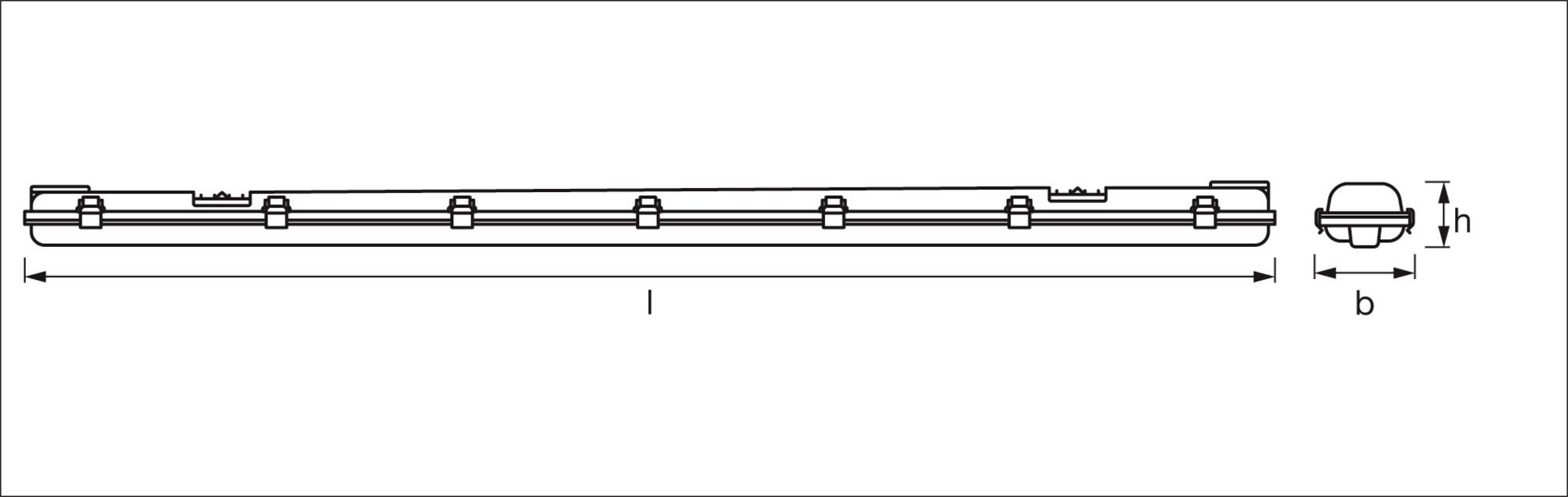 Diagram van een langveldverlichting met afmetingen: Lengte (l), Breedte (b), Hoogte (h). Zij- en bovenaanzicht met bevestigingspunten weergegeven.