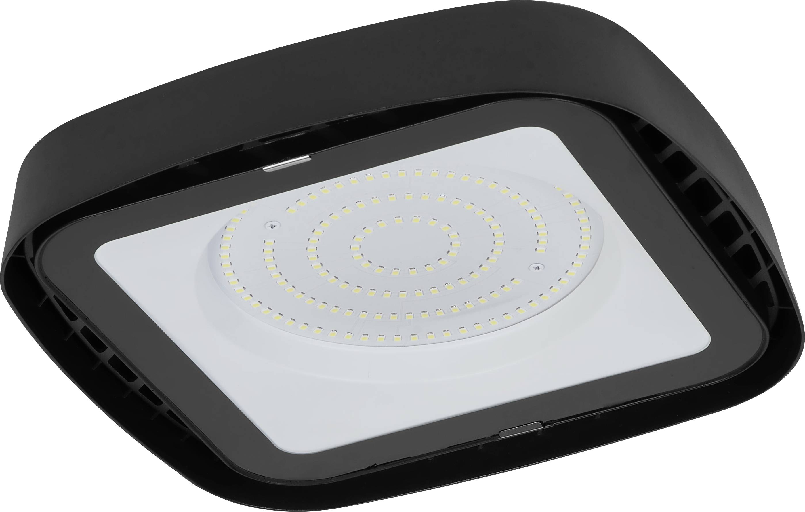 Een vierkant zwart LED-licht met cirkelvormig gerangschikte gele diodes, centraal gemonteerd in een zwarte lijst.