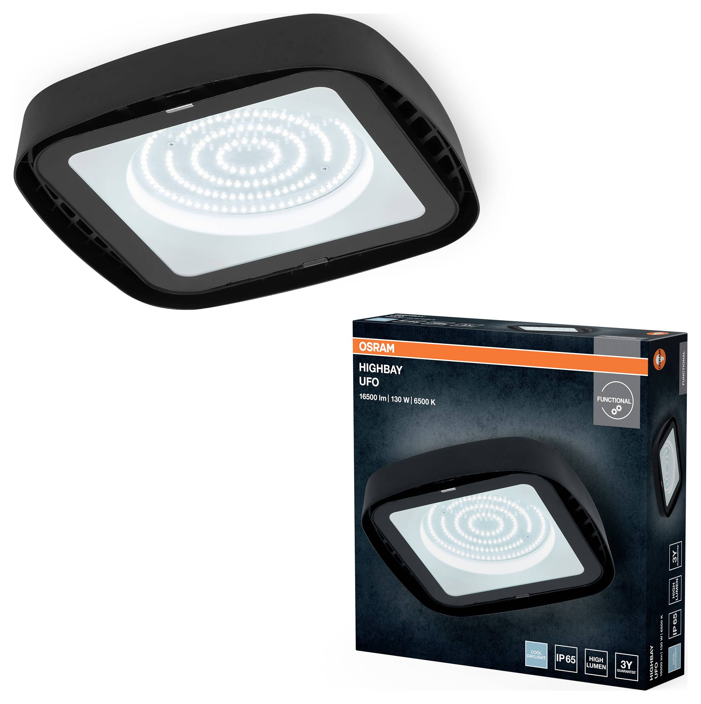 Zwarte, ronde LED-industrielamp met hoge lichtsterkte. Verpakkingsdoos toont het product met specificaties en merklogo.