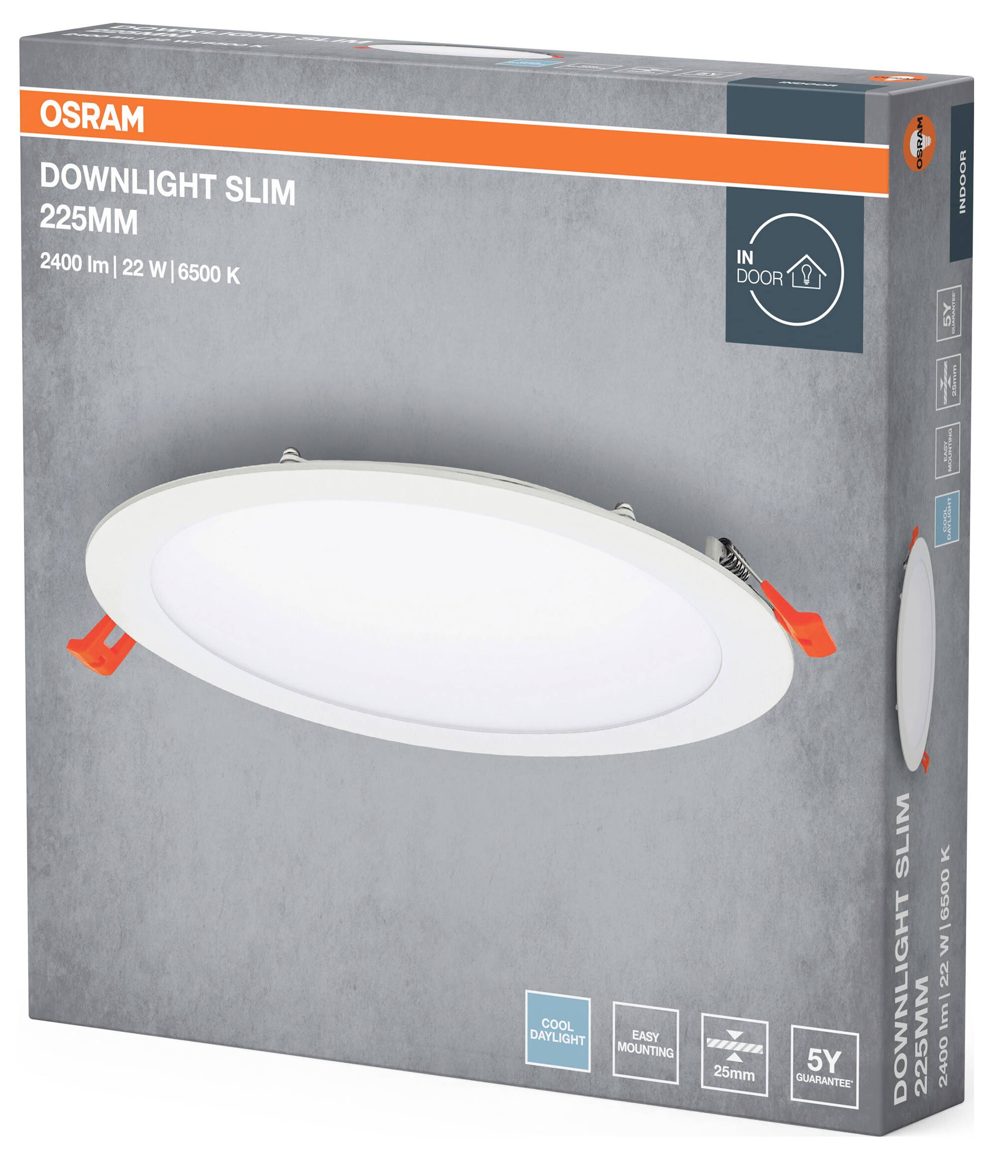 Verpakking van de Osram Downlight Slim 225 mm, 2400 lm, 22 W, 6500 K. Geschikt voor binnenruimtes, eenvoudige installatie, 5 jaar garantie.
