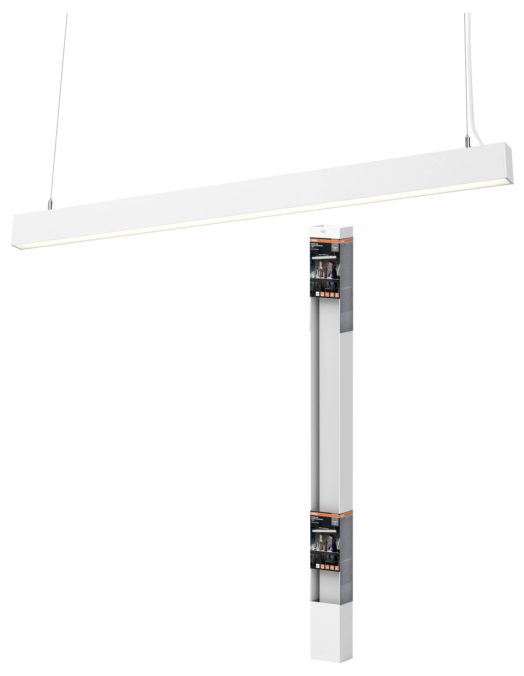 Hanglamp met rechthoekig, modern design, hangend aan twee kabels. Batterij- of accuvak aan de zijkant zichtbaar.