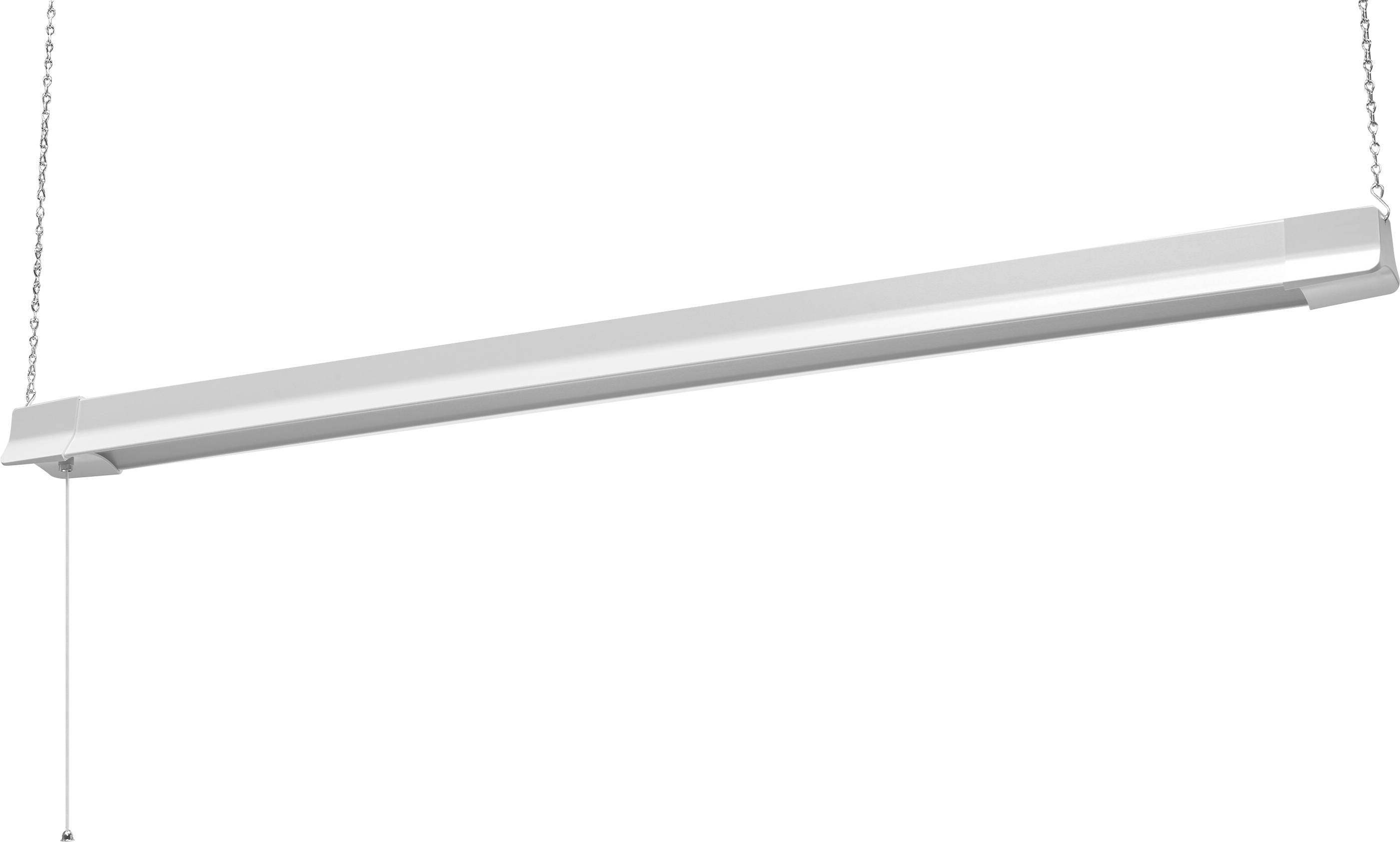 Hangende, moderne tl-lamp in een strak design, bevestigd met twee kettingen. Geschikt voor minimalistische inrichting.