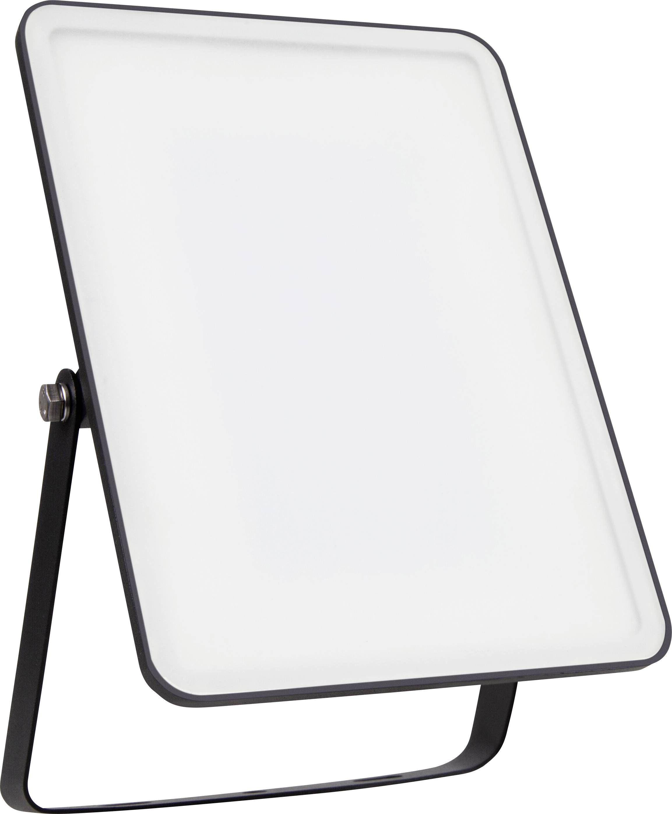 Rechthoekige daglichtlamp met zwarte standaard, vrijstaand. Gebruikt voor het verbeteren van de ruimteverlichting.
