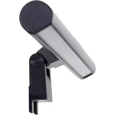 Zijaanzicht van een slanke, zwarte lamp met verstelbare arm, voor bevestiging op een monitor. Ideaal voor werkplekverlichting.