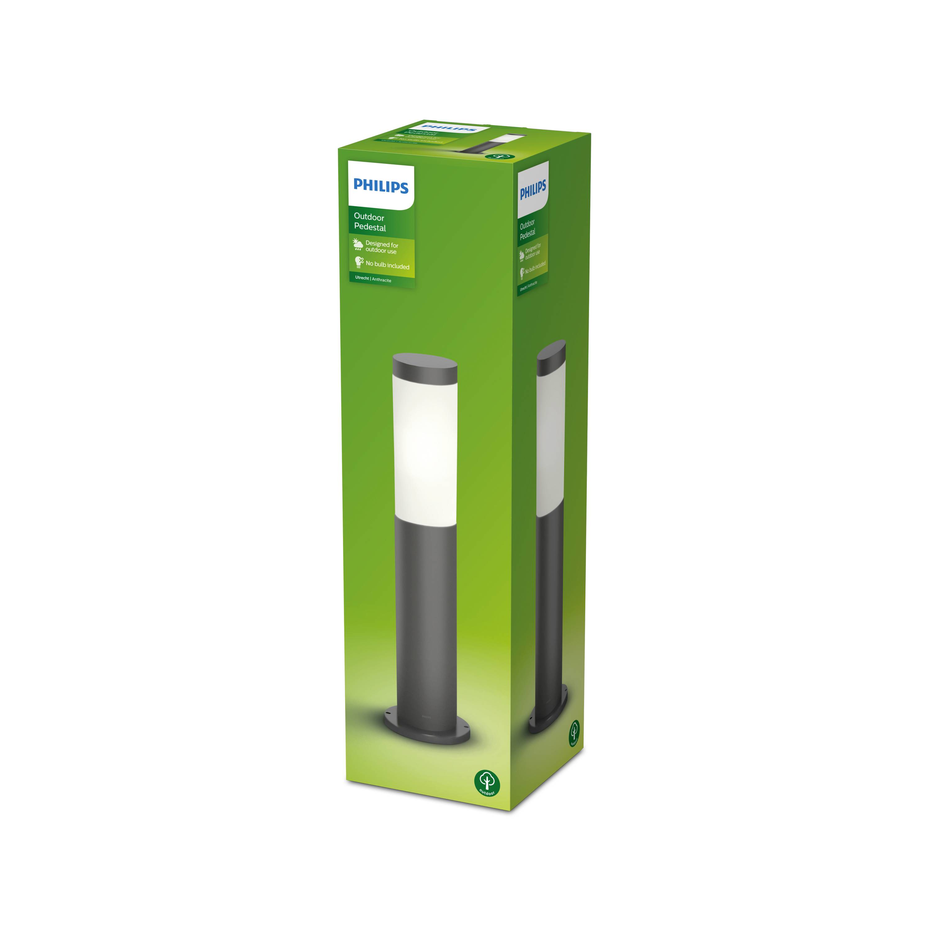 Philips Hue Outdoor Sokkelverlichting in groene verpakking, toont een modern design van de lamp op de voorkant.