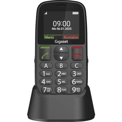 Een eenvoudige mobiele telefoon in een oplaadstation toont op het display de tijd 09:00 en de datum ma 06.01.2025.