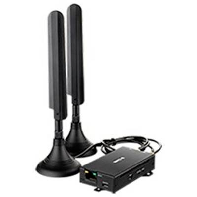 Twee zwarte antennes naast een klein zwart netwerkapparaat met meerdere aansluitingen en kabels.