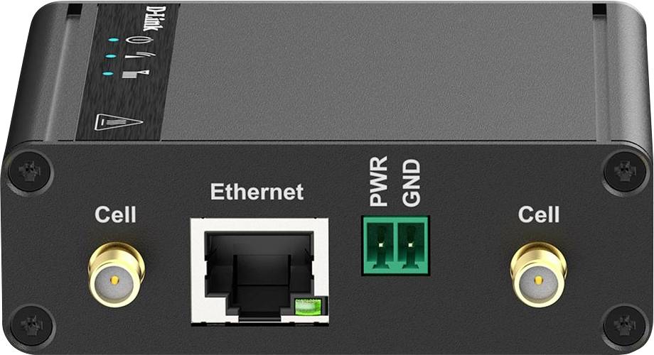 Apparaat met twee 'Cell'-aansluitingen, een Ethernet-poort en twee groene 'PWR' en 'GND' aansluitingen. Bovenzijde toont status-LED's.