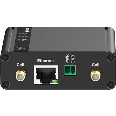 Apparaat met twee 'Cell'-aansluitingen, een Ethernet-poort en twee groene 'PWR' en 'GND' aansluitingen. Bovenzijde toont status-LED's.