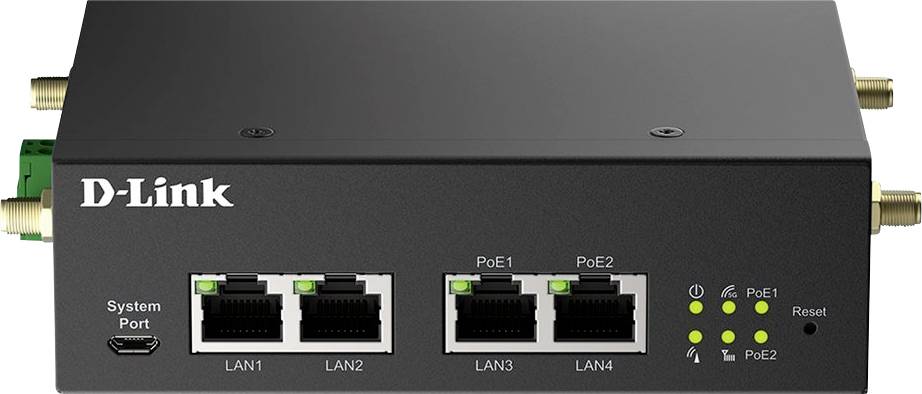 Zwarte D-Link netwerkswitch met vier LAN-aansluitingen, twee PoE-aansluitingen, systeempoort en LED's voor statusweergave.