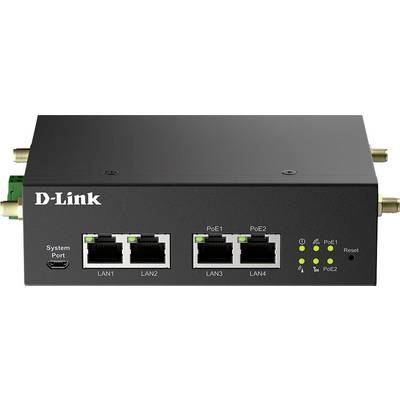 Zwarte D-Link netwerkswitch met vier LAN-aansluitingen, twee PoE-aansluitingen, systeempoort en LED's voor statusweergave.