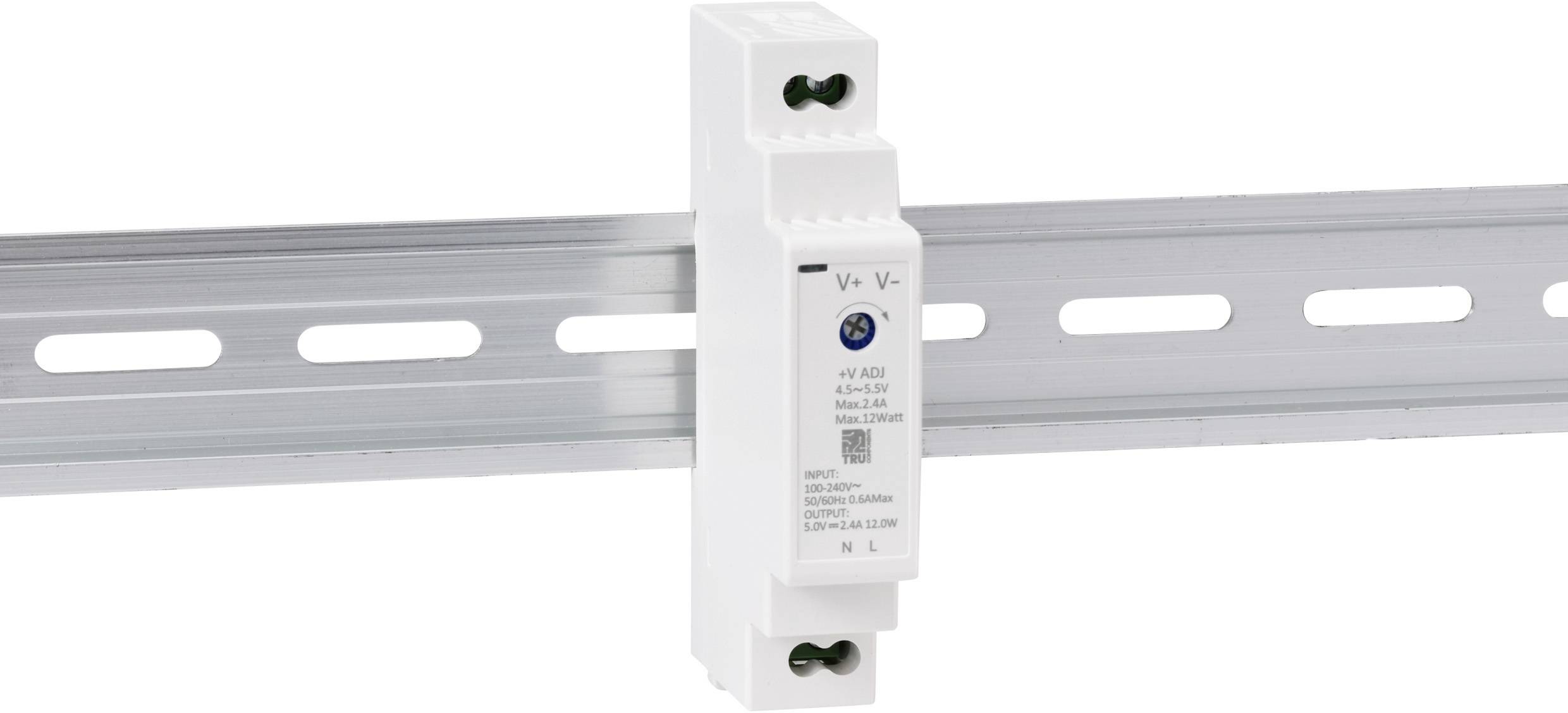 'Wit elektrisch apparaat gemonteerd op een metalen DIN-rail, voorzien van aansluitklemmen en een blauwe stelschroef, gebruikt voor vermogensregeling.'