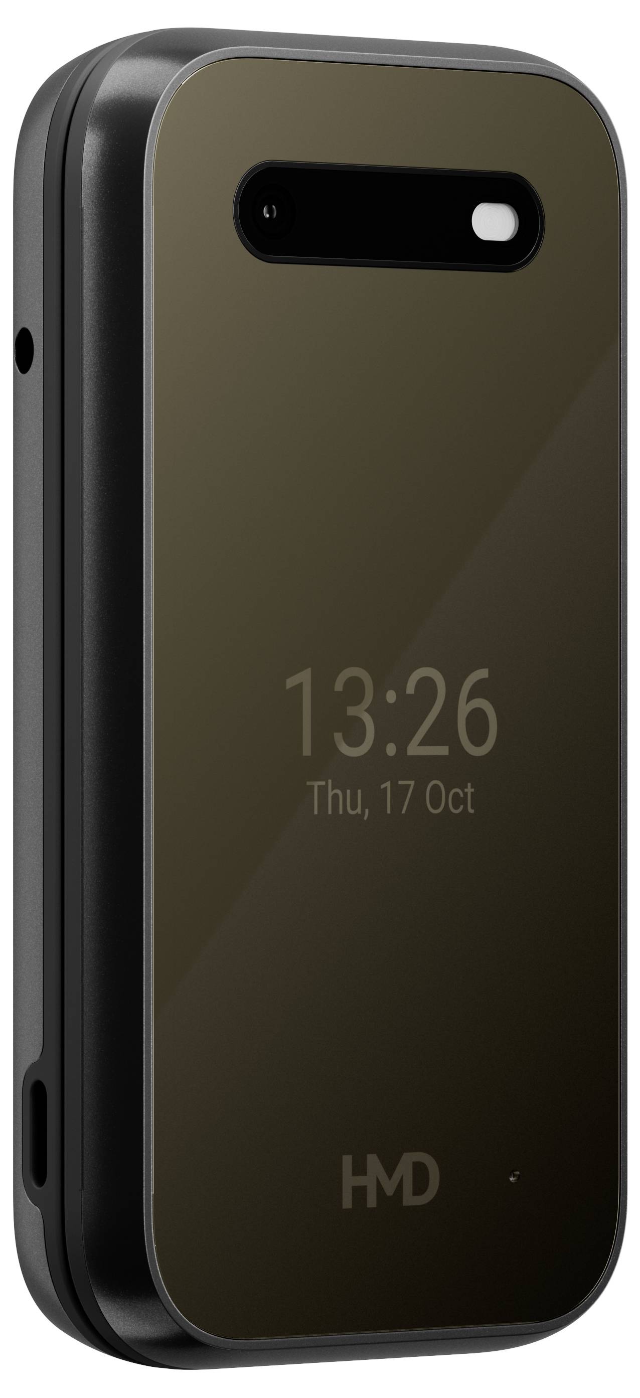 Klaptelefoon met gesloten display, toont datum 'Thu, 17 Oct' en tijd '13:26'. Zwart, compact ontwerp met HMD-logo onderaan.
