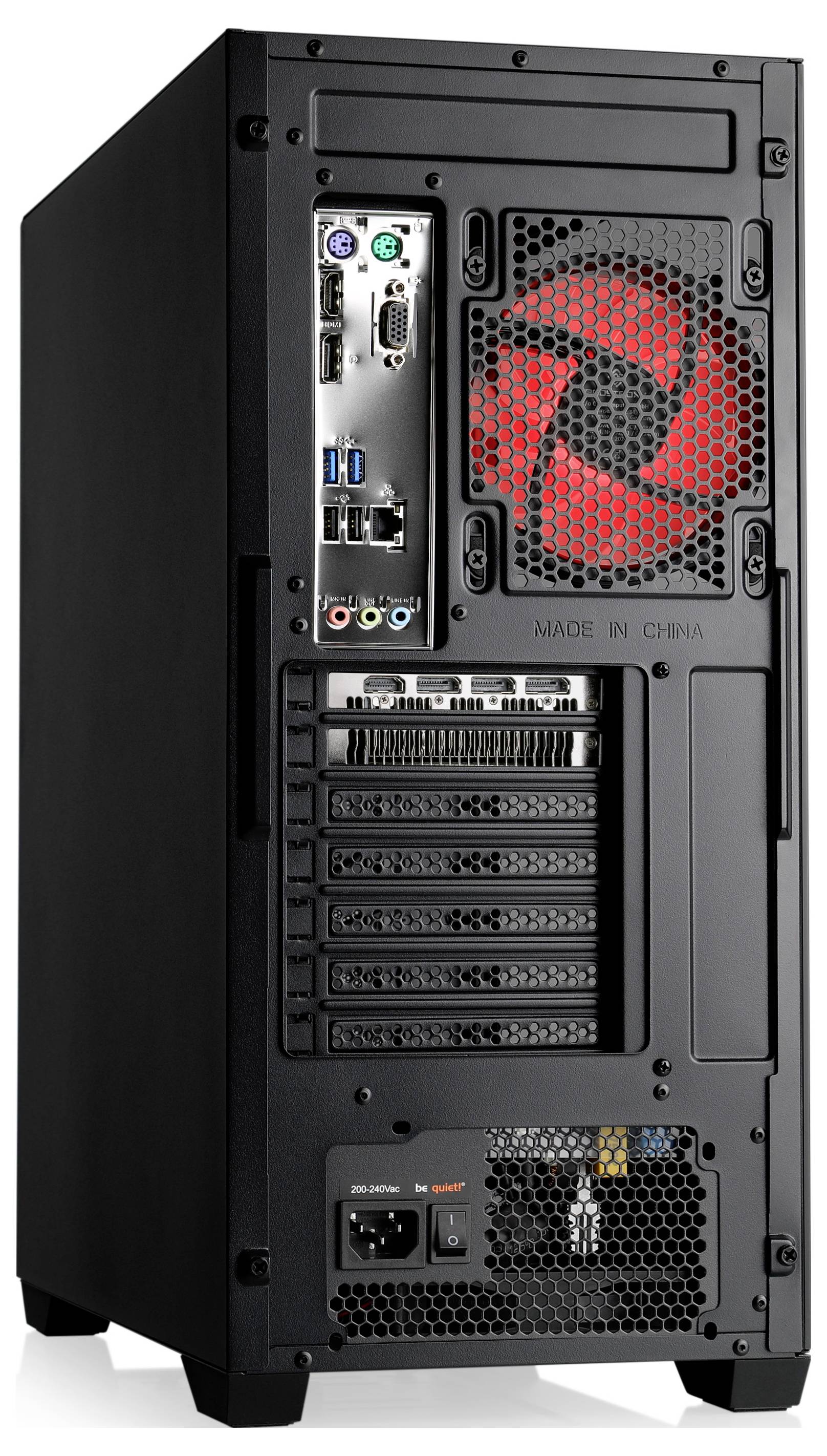 Een zwarte computertoren met rode ventilatorverlichting, meerdere ventilatieopeningen en achterpoorten voor connectiviteit, inclusief USB- en audioaansluitingen.