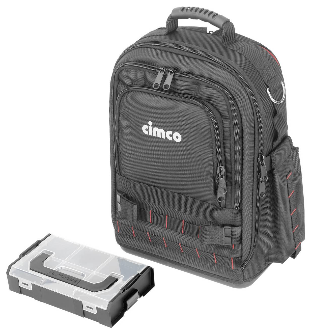 Zwarte rugzak met meerdere ritstasten en rode accenten, daarnaast een transparante, stapelbare gereedschapskist.