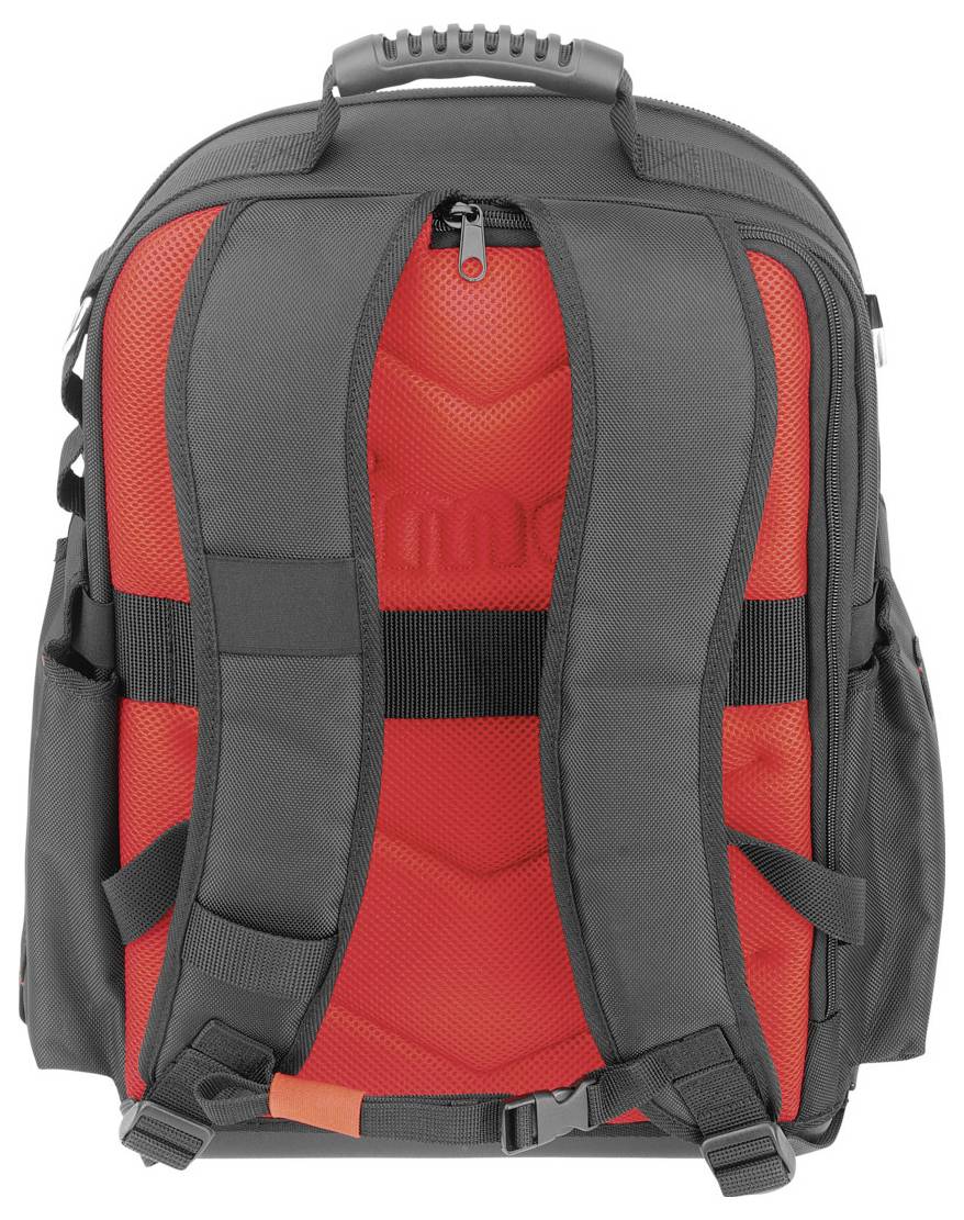 Rode en grijze rugzak met meerdere vakken, verstelbare schouderbanden en draaggreep, rechtop staand.