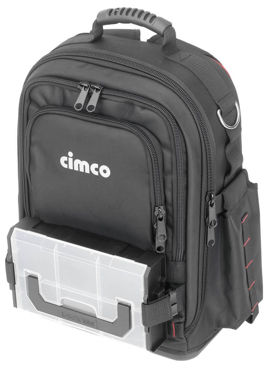 Zwarte gereedschapsrugzak met meerdere vakken en transparante kunststofcontainer aan de voorzijde, het logo 'cimco' zichtbaar.
