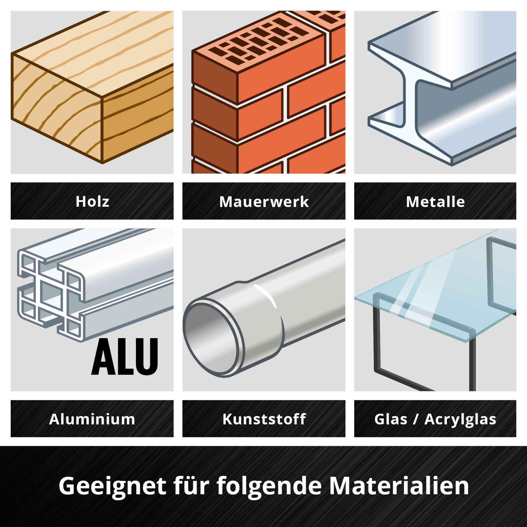 Hout, metselwerk, metalen, aluminium, kunststof en glas/acrylglas zijn de materialen waarvoor het product geschikt is.