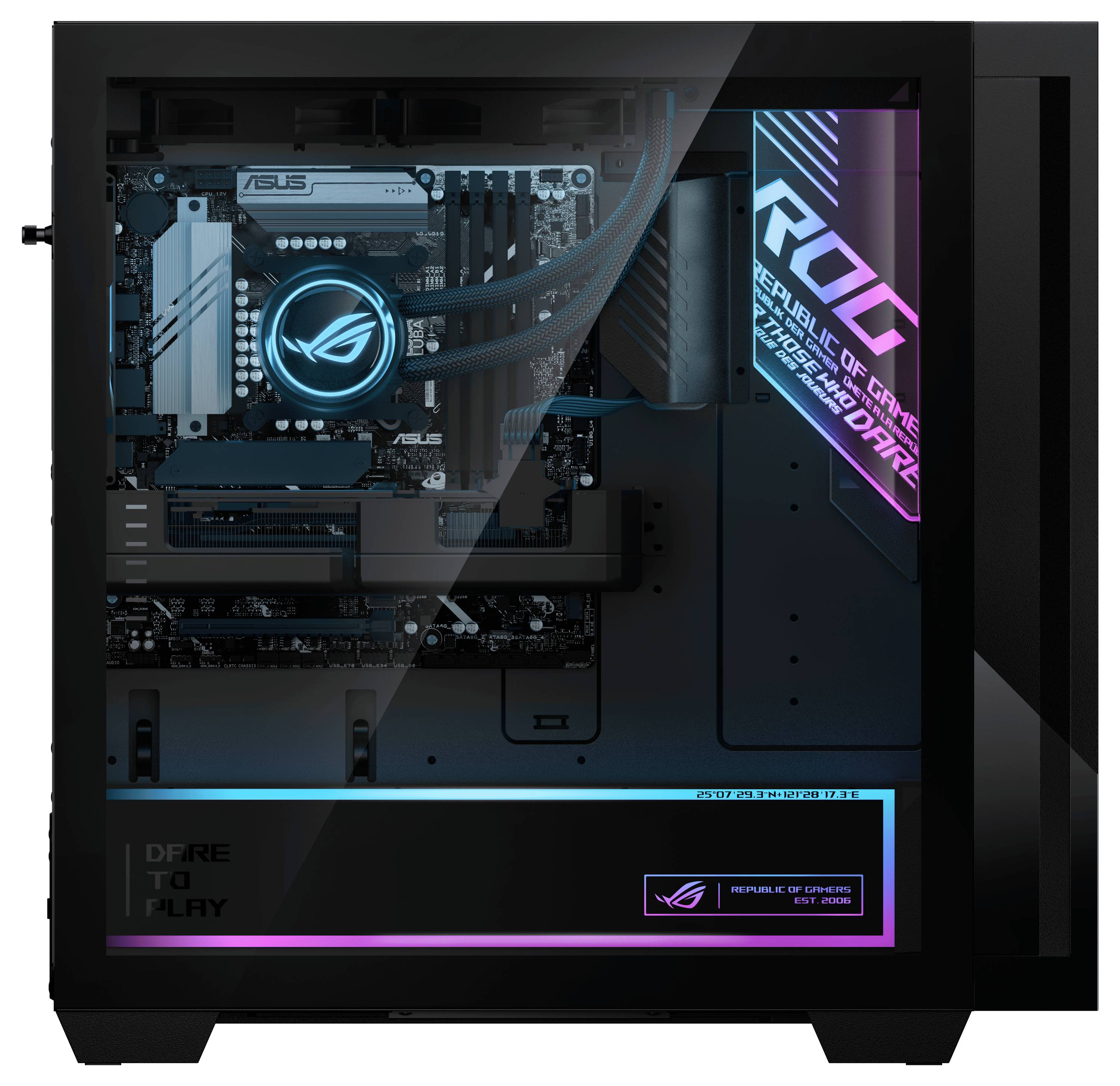 Een gamingcomputer met een transparante behuizing toont interne RGB-verlichting die de 'Republic of Gamers'-branding benadrukt.