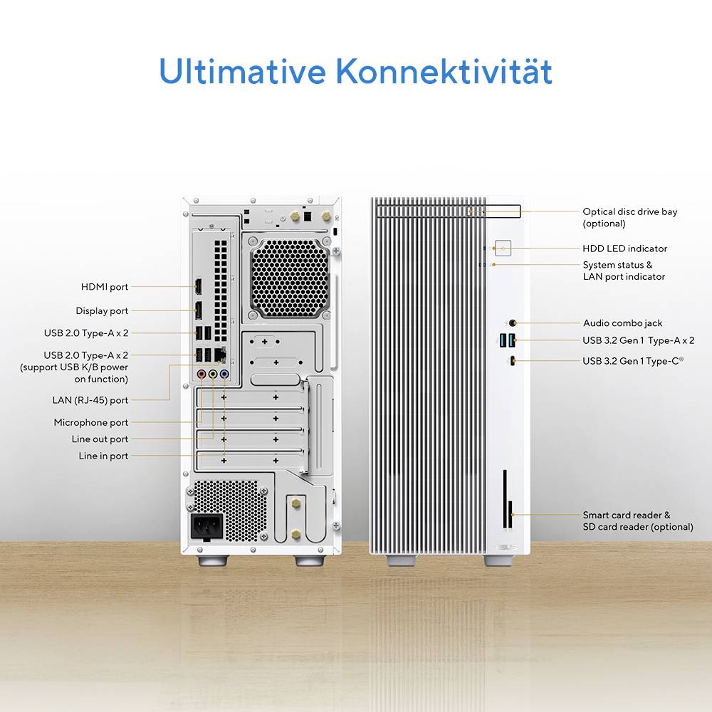 'Ultieme Connectiviteit' afbeelding toont de achterkant van een computertoren met meerdere poorten en sleuven, waarbij de verbindingsmogelijkheden worden benadrukt.