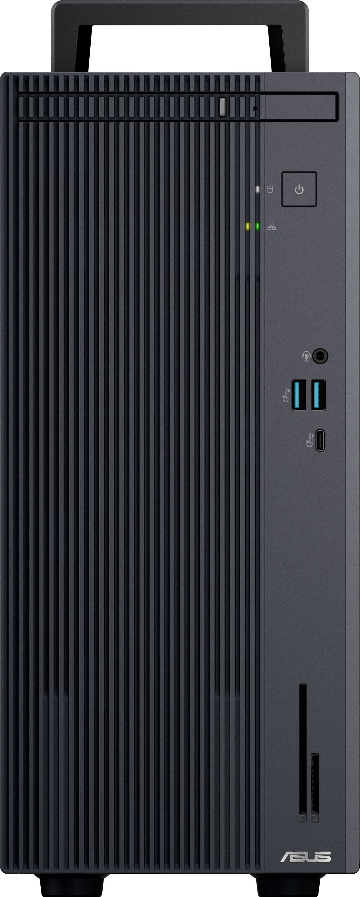 Een zwarte ASUS desktoptoren met verticale ribdesign, voorzien van een aan/uit-knop, USB-poorten en een koptelefoonaansluiting op het voorpaneel.