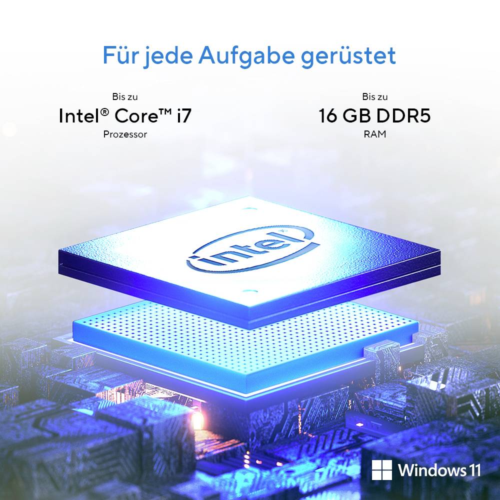 'Uitgerust voor elke taak' promotie met Intel Core i7-processor en 16 GB DDR5 RAM op Windows 11 achtergrond.