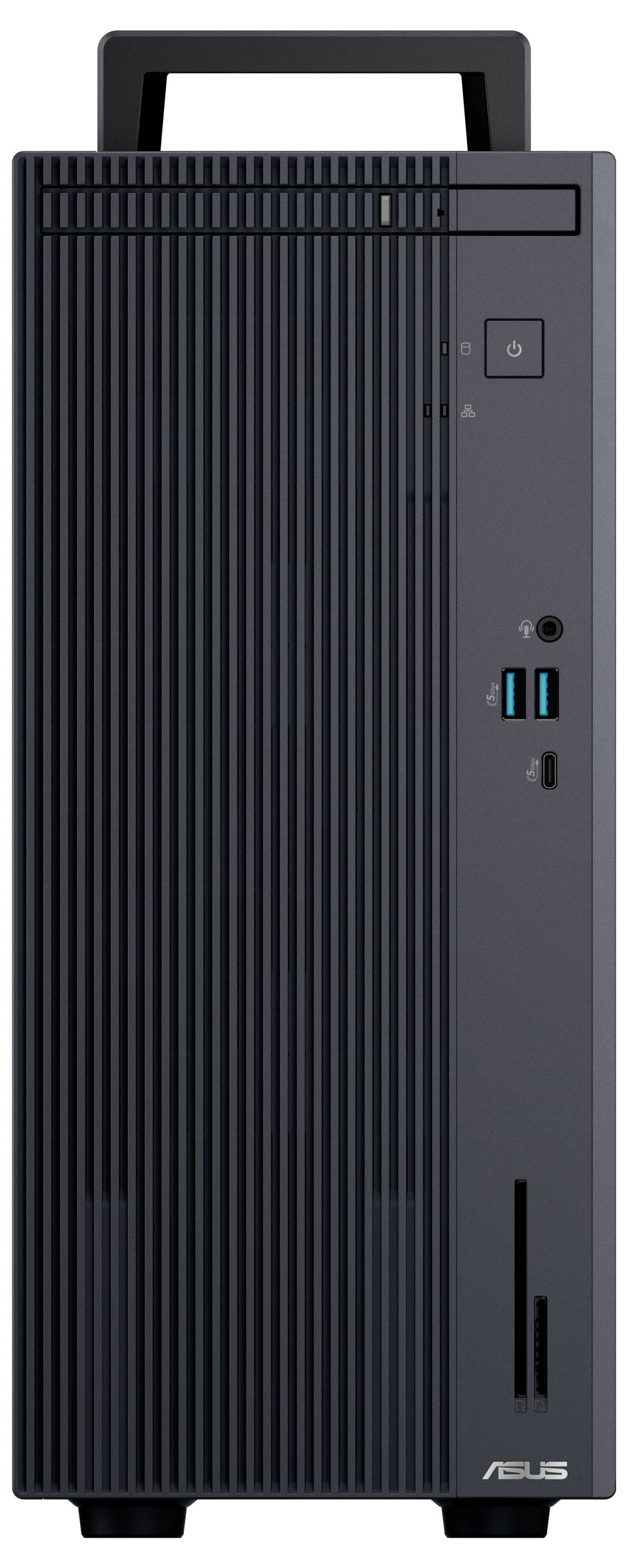 Vooraanzicht van een zwarte computertoren met verticale ribbels, uitgerust met USB-poorten, een aan/uit-knop en ASUS-branding onderaan.