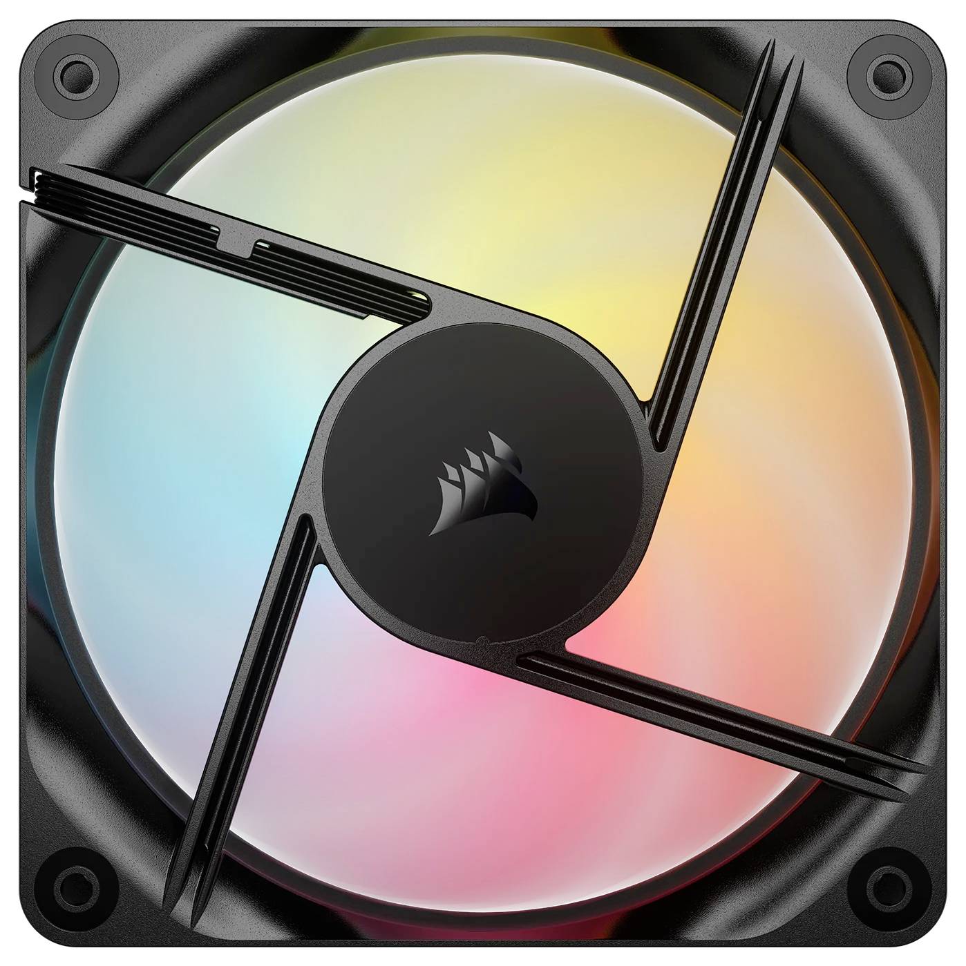Een computerkoelingventilator met drie zwarte bladen en een centraal logo, verlicht door een spectrum van kleuren waaronder rood, blauw en groen.