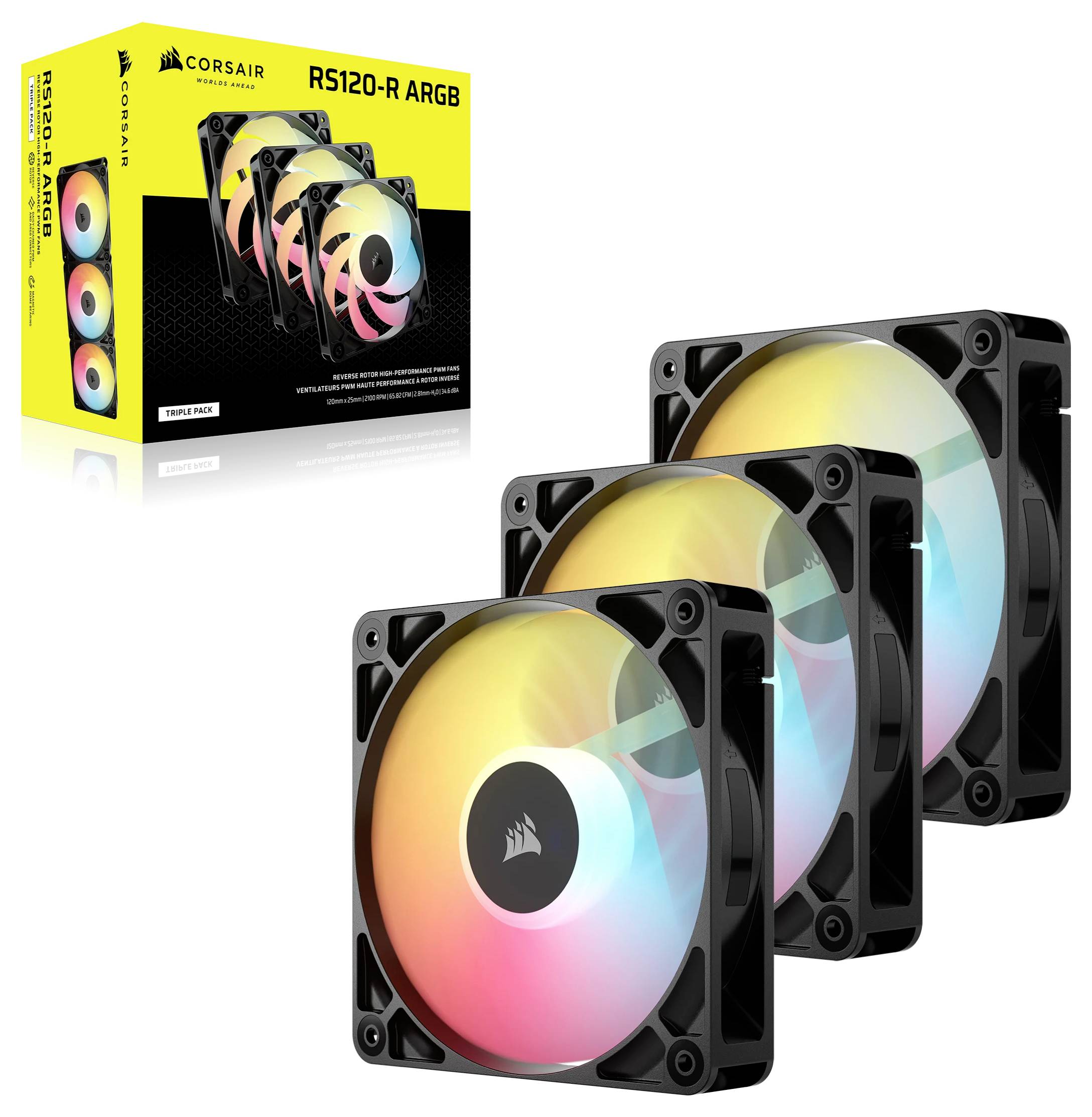 'CORSAIR RS120-R ARGB' beschikt over drie levendige, meerkleurige koelventilatoren en verpakking; gebruikt voor het verbeteren van de luchtstroom en esthetiek van desktop-pc's.