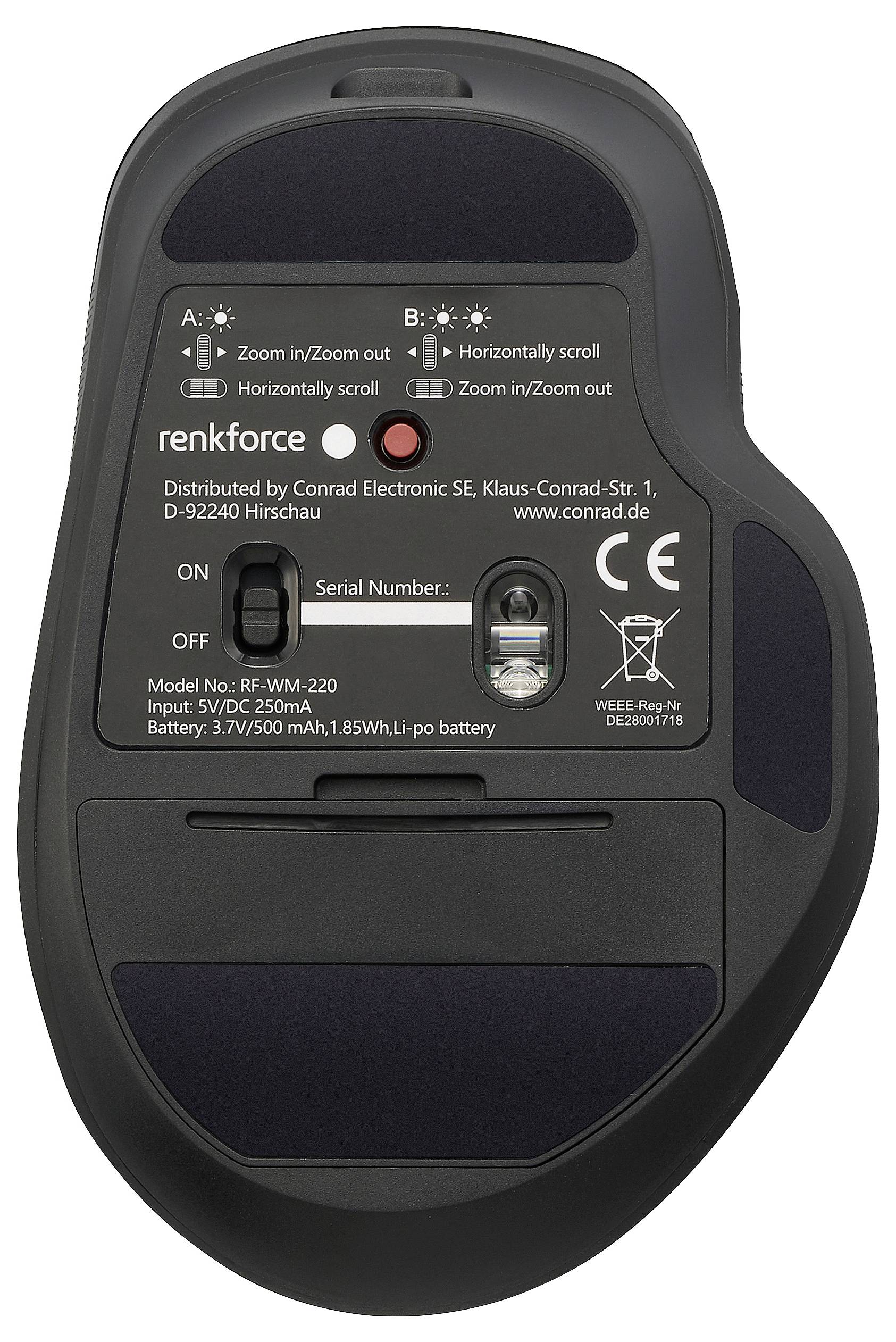 De onderkant van een zwarte draadloze muis. Zichtbare knoppen en schakelaars voor aan/uit en DPI-instellingen, met een batterijcompartiment en serienummer.