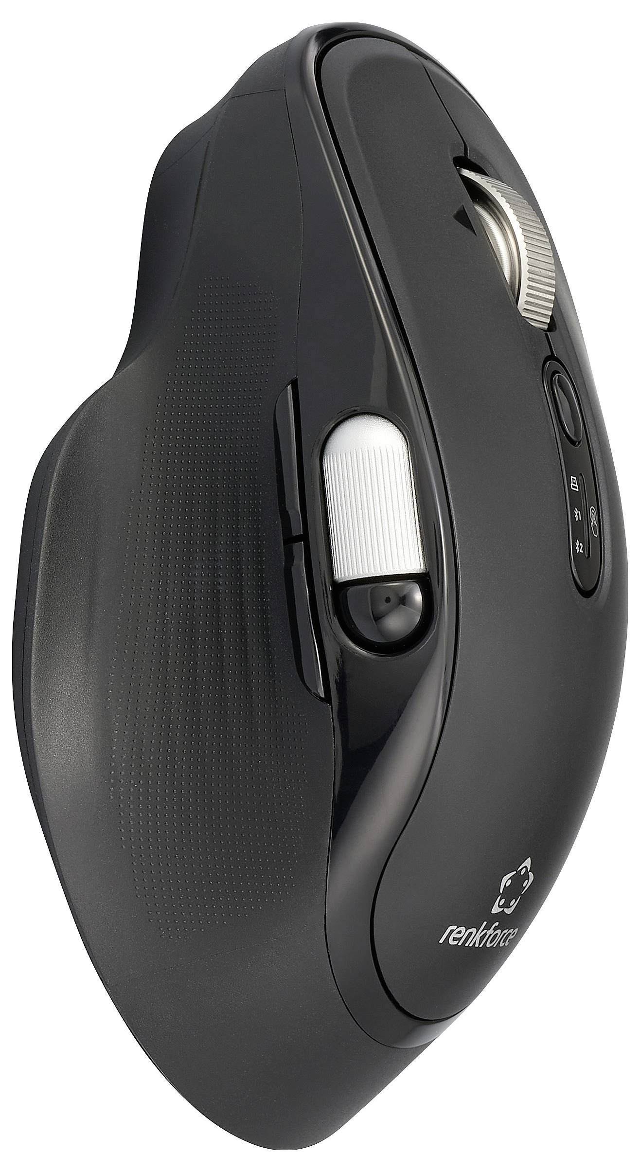 Ergonomische zwarte computermuis met scrollwiel en knoppen, ontworpen voor comfortabel gebruik met de rechterhand.