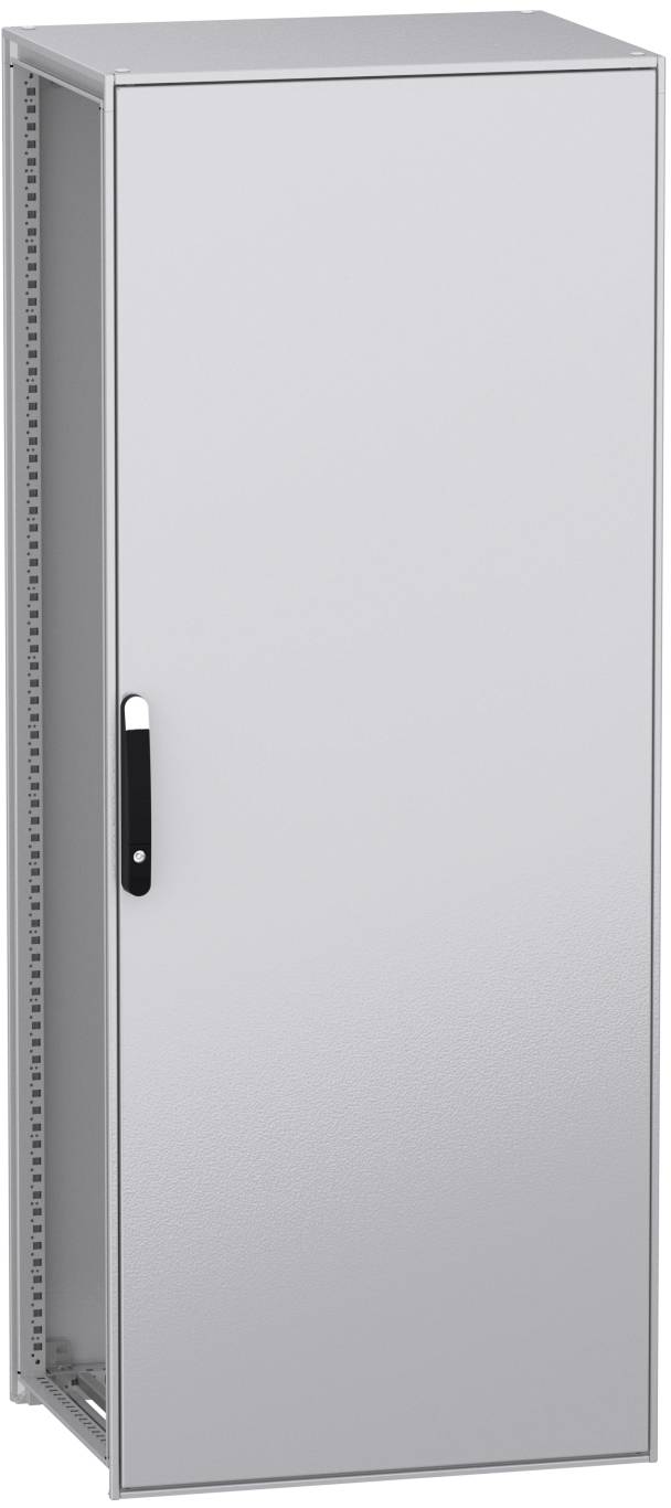 Een zilveren metalen kast met een deur en zwarte handgreep, geschikt voor het opbergen van gereedschap of technische apparatuur.