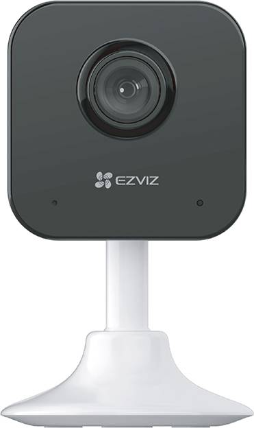 Een compacte zwarte beveiligingscamera met een groothoeklens op een witte standaard, gebranded als 'EZVIZ', geschikt voor binnen-bewaking.