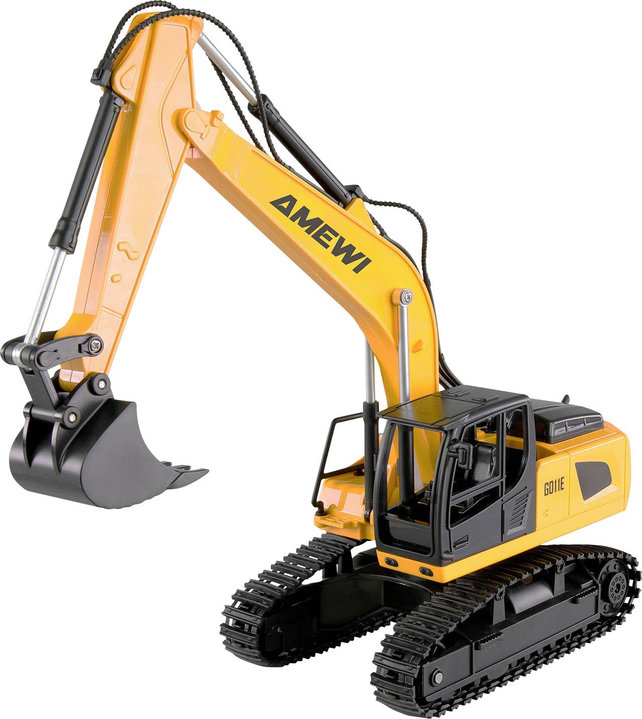 Een oranje speelgoed-graafmachine model met rupsbanden en beweegbare giek. Op de arm staat 'Amewi'.