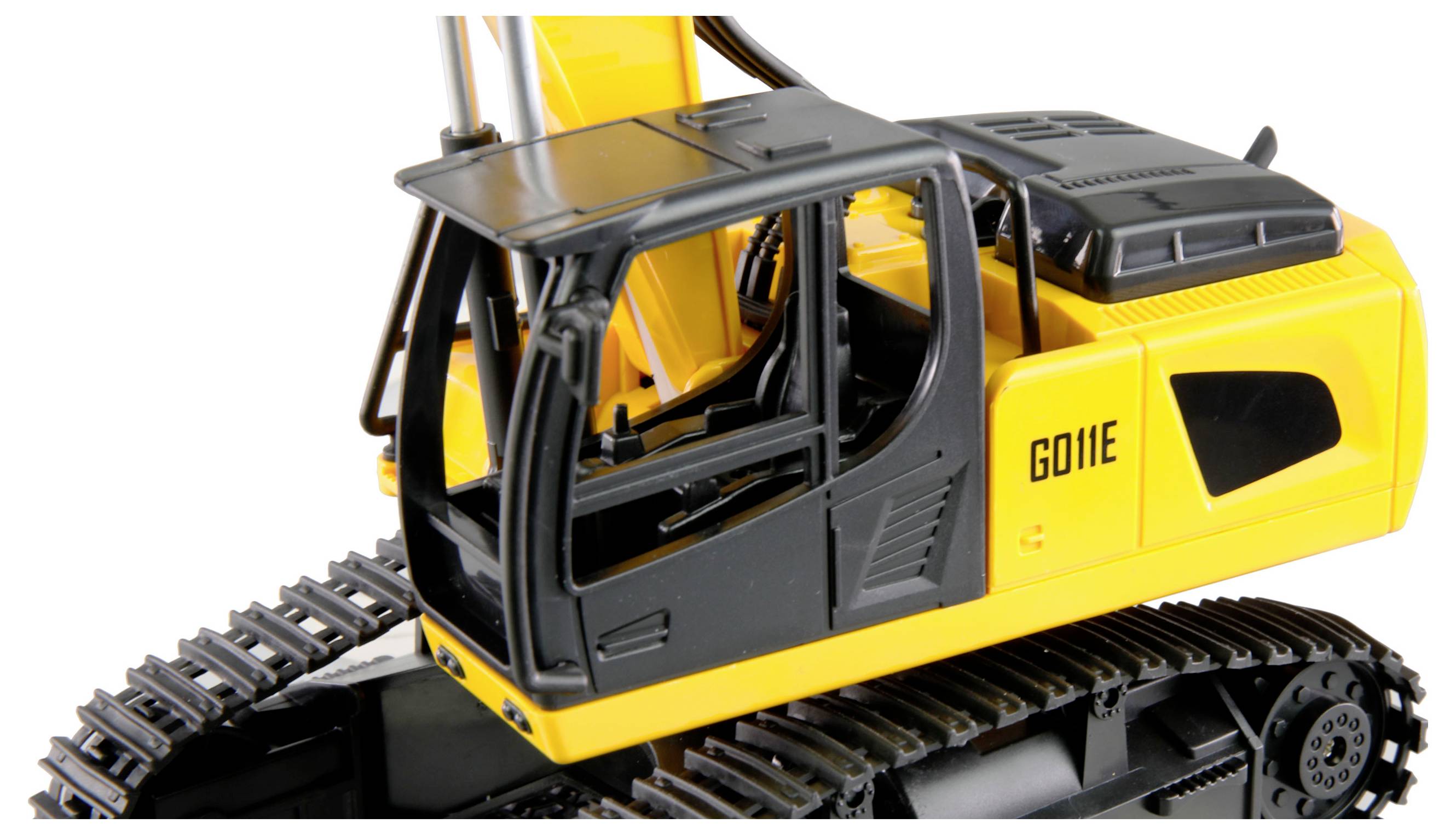 Een gele en zwarte graafmachine met rupsbandaandrijving, zijaanzicht. Model: GD11E.