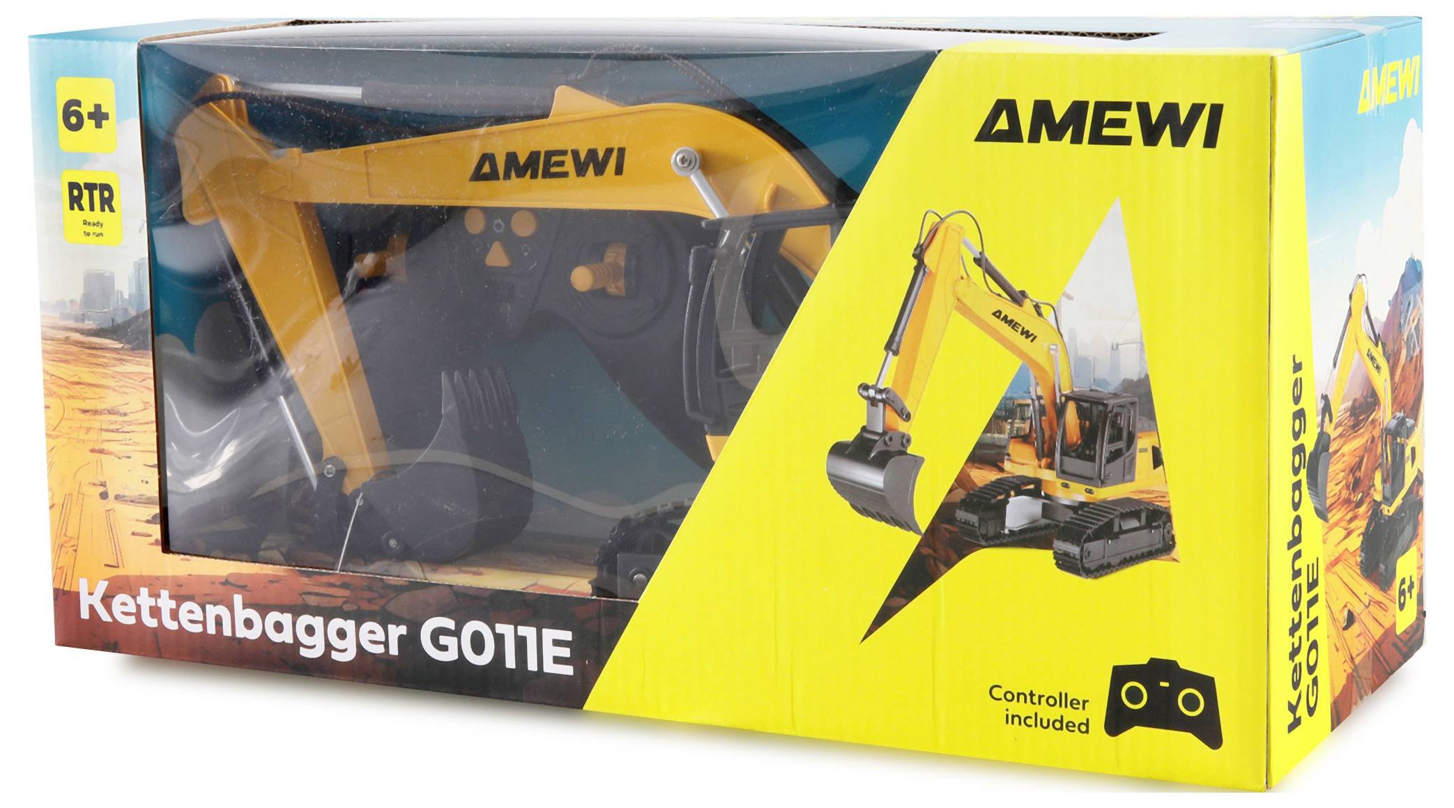 Speelgoed rupsbandgraafmachine in doos met opschrift 'AMEWI Kettenbagger G011E', geschikt vanaf 6 jaar, inclusief controller.