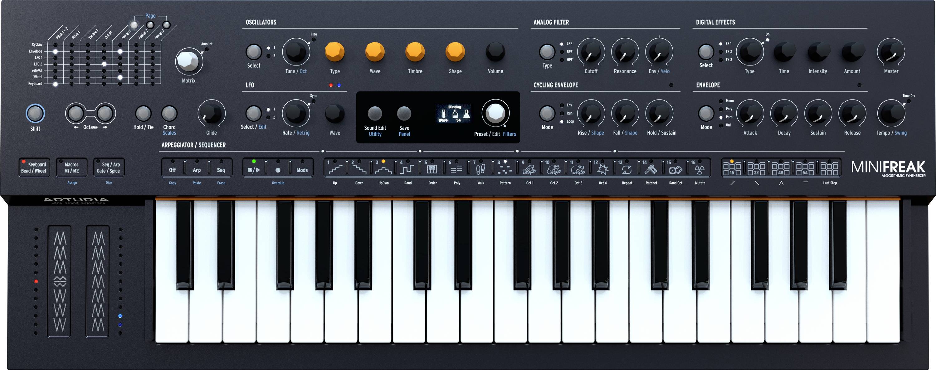 Een synthesizer-toetsenbord met diverse regelaars en toetsen voor klankmodulatie en effecten. Linksboven bevinden zich equalizer en display.
