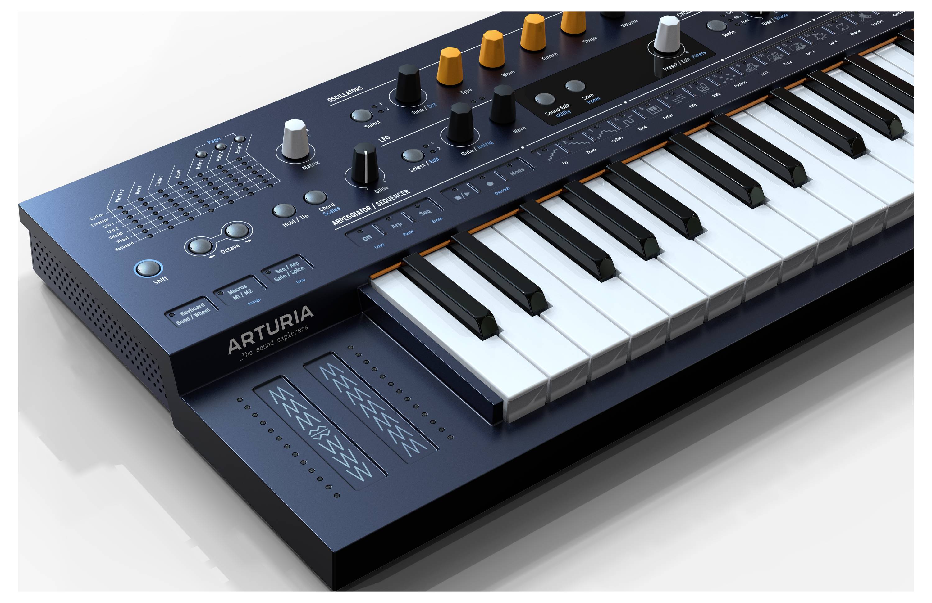 Een blauwe synthesizer met witte toetsen, meerdere draaiknoppen en een touchpad. Het merk 'Arturia' is zichtbaar aan de zijkant.
