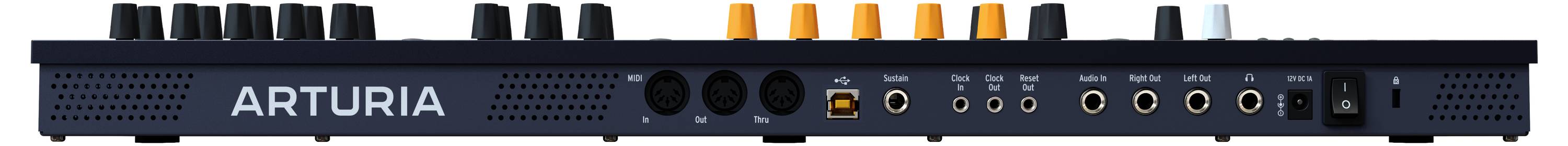Achteraanzicht van een audio-interface van het merk Arturia met verschillende ingangen en uitgangen voor audioverbindingen.